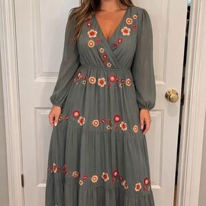 Savanna Jane Slate Blue Maxi Dress with Red & Cream Floral Embroidery